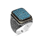 Silver Turquoise Zircon Stone Square Men's Ring
